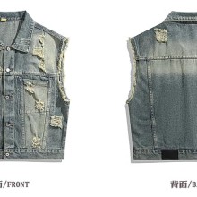 美式复古水洗磨毛边短款牛仔马甲男无袖宽松夏季潮流帅气坎肩上衣