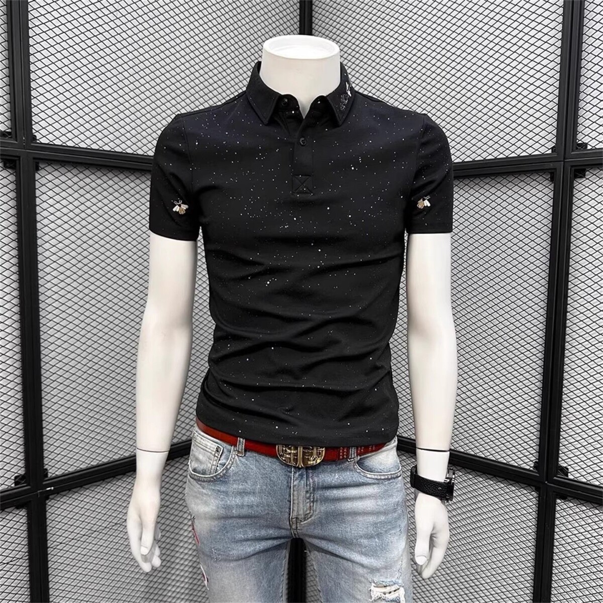 2026夏季撒金短袖t恤男款刺绣新款T恤翻领Polo衫修身休闲潮