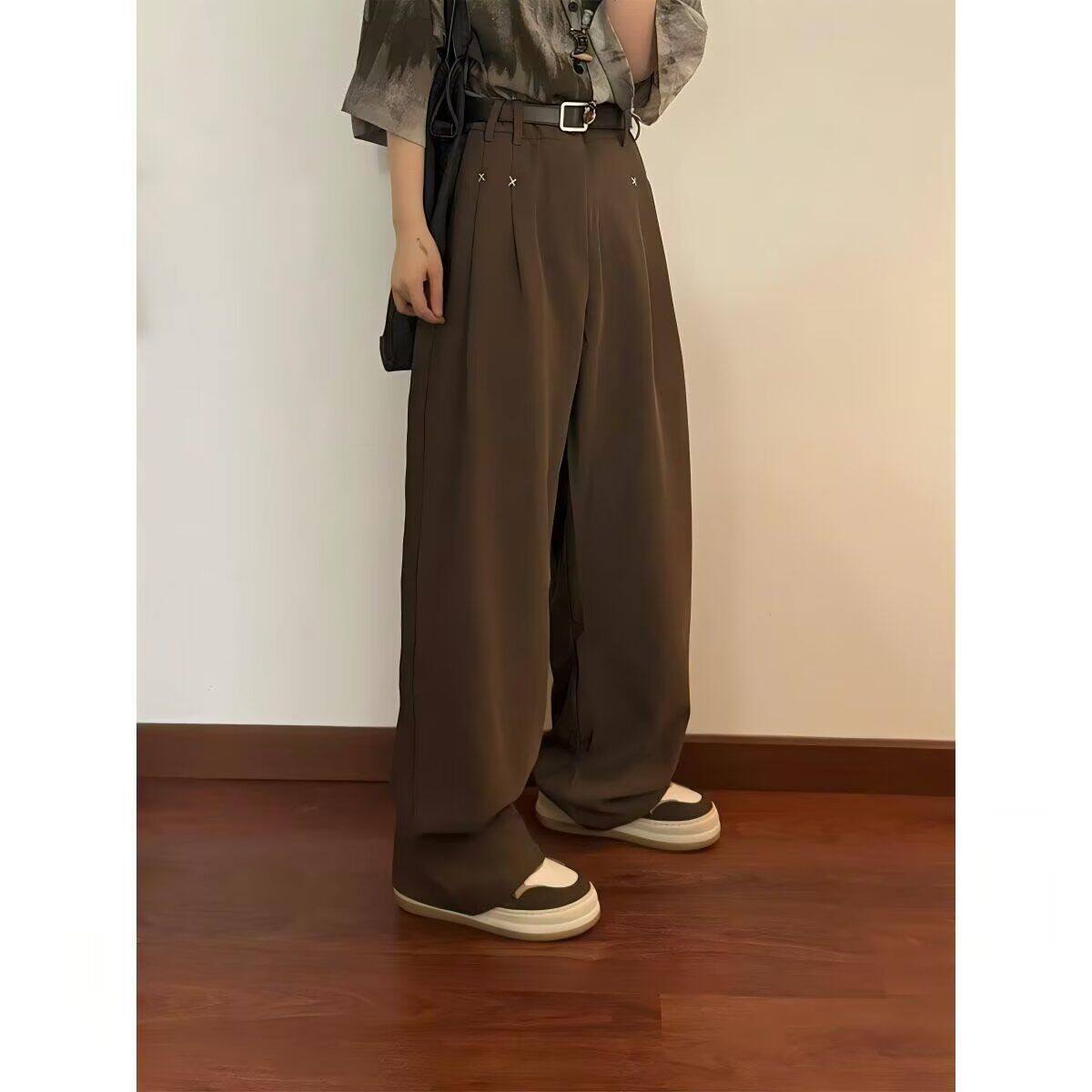 春秋日系复古宽松垂感西裤男女咖啡色可拆卸腰带百搭休闲长裤子潮