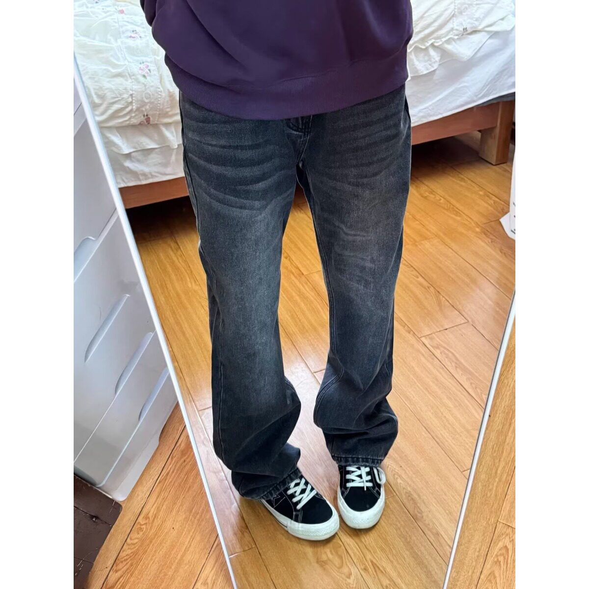 美式复古蓝色牛仔裤男款秋季高腰提档修身显瘦裤子窄版直筒微喇裤