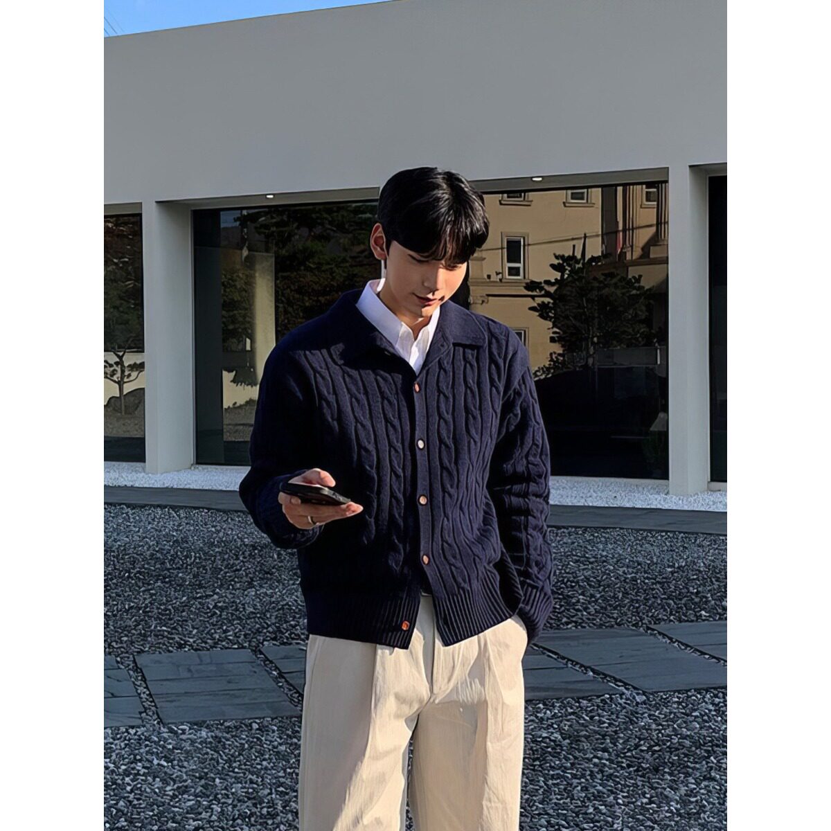 春秋新款翻领开衫毛衣男韩版休闲宽松潮流高级感加厚百搭针织外套