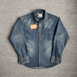 男士美系复古水洗做旧衬衣工装咔叽肘部补丁长袖牛仔衬衫