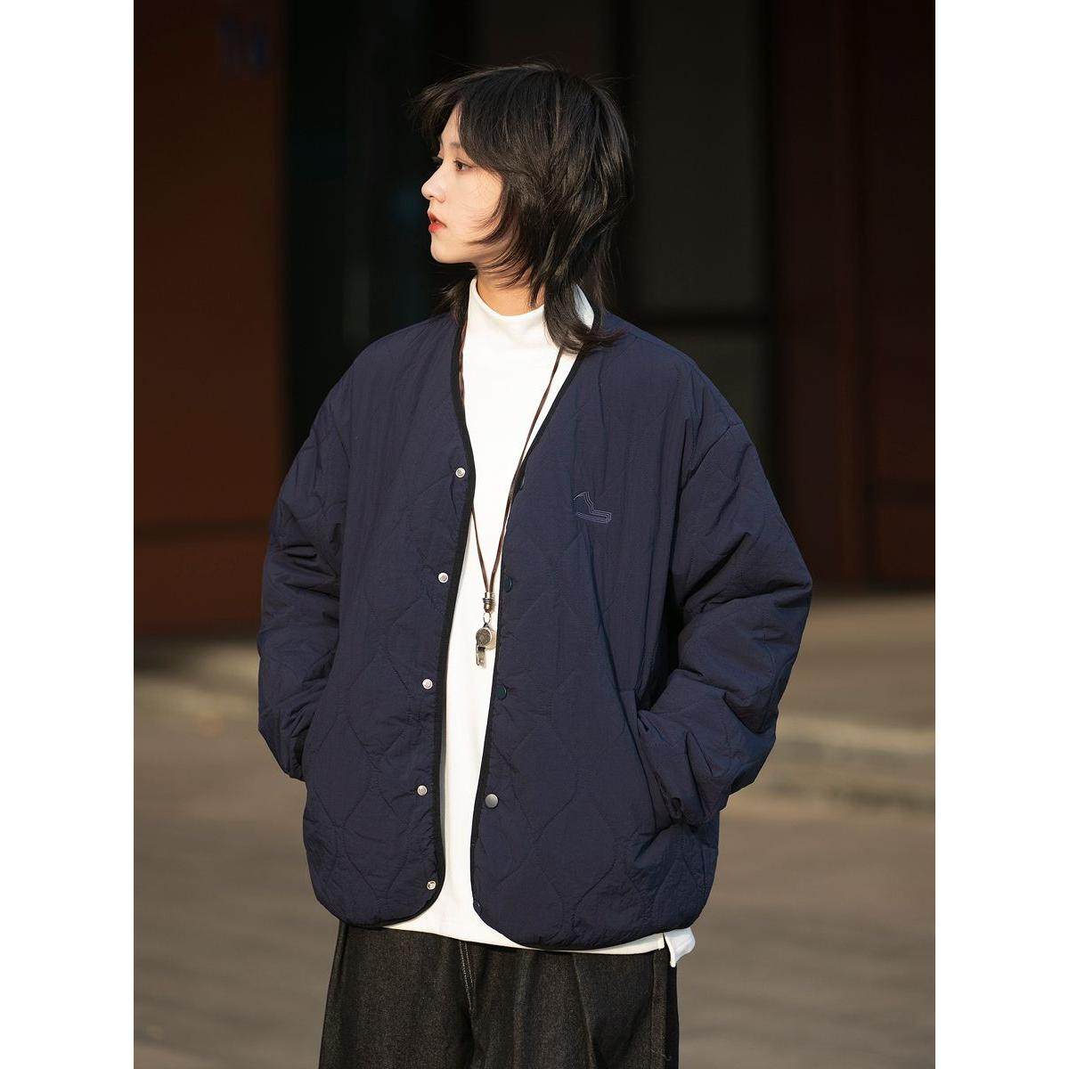 日系菱格夹棉保暖棉衣男无领轻薄宽松夹克外套女绗缝情侣棉服冬季