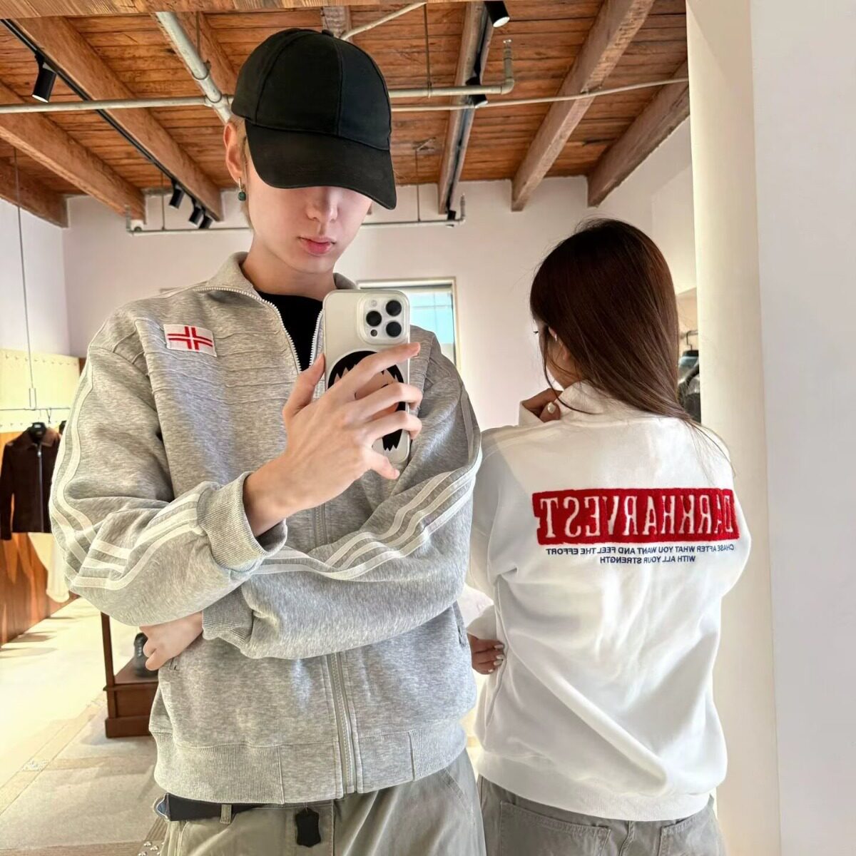 韩系浅灰色碎花拼接开衫连帽卫衣女2026春秋薄款宽松慵懒百搭外套