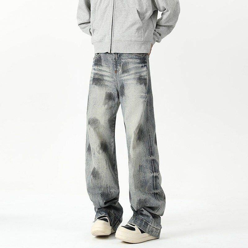 复古宽松美式男款裤子港风cleanfit重磅百搭牛仔裤做旧裤微喇长裤