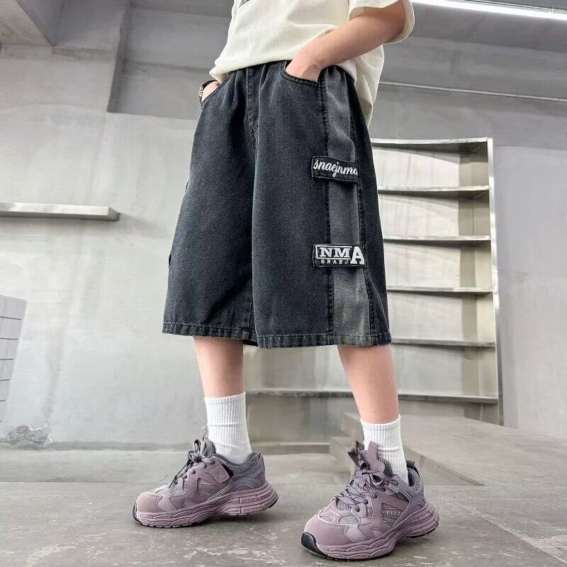 新款美式潮流拼接牛仔短裤男装夏季宽松港风休闲痞帅青少年五分裤