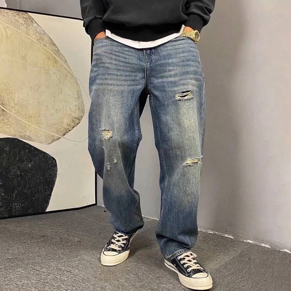 美式休闲痞帅水洗复古破洞牛仔裤男潮牌宽松加肥加大码直筒阔腿裤