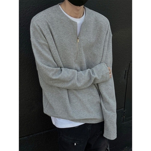 秋冬美式复古拉链设计感重磅长袖T恤男纯色圆领宽松卫衣打底衫潮