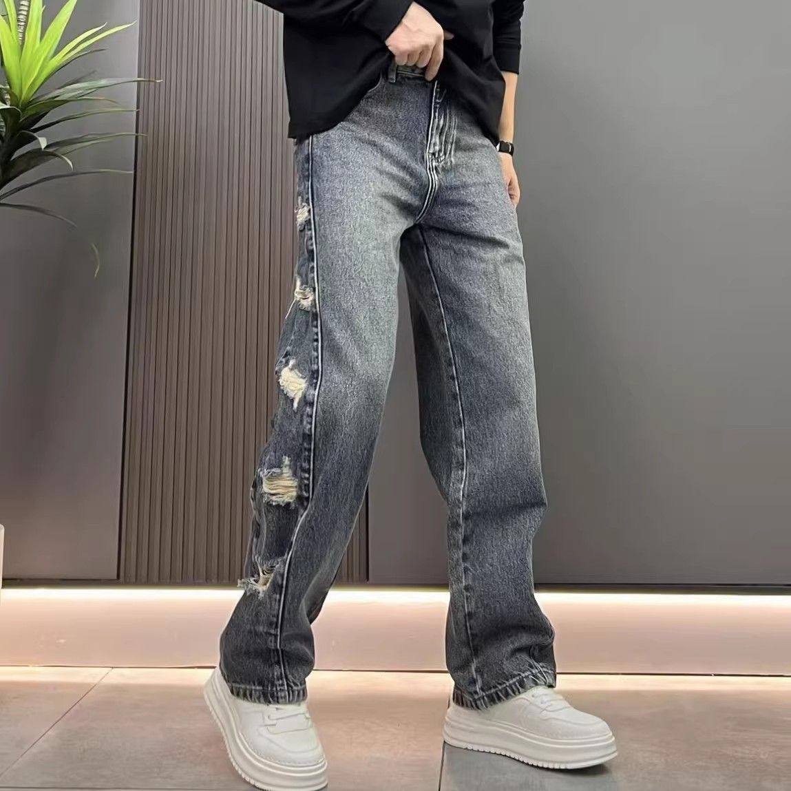 美式破洞牛仔裤男秋季宽松潮牌ins复古大码长裤男生直筒锥形裤潮