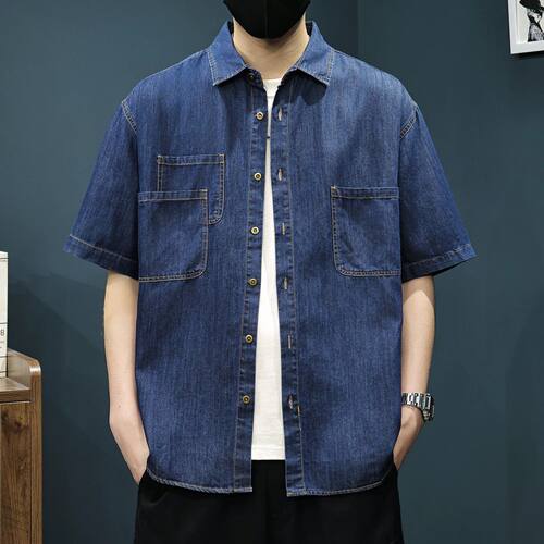 夏季轻奢复古牛仔短袖衬衫男士时尚潮牌百搭文艺休闲宽松衬衣男装