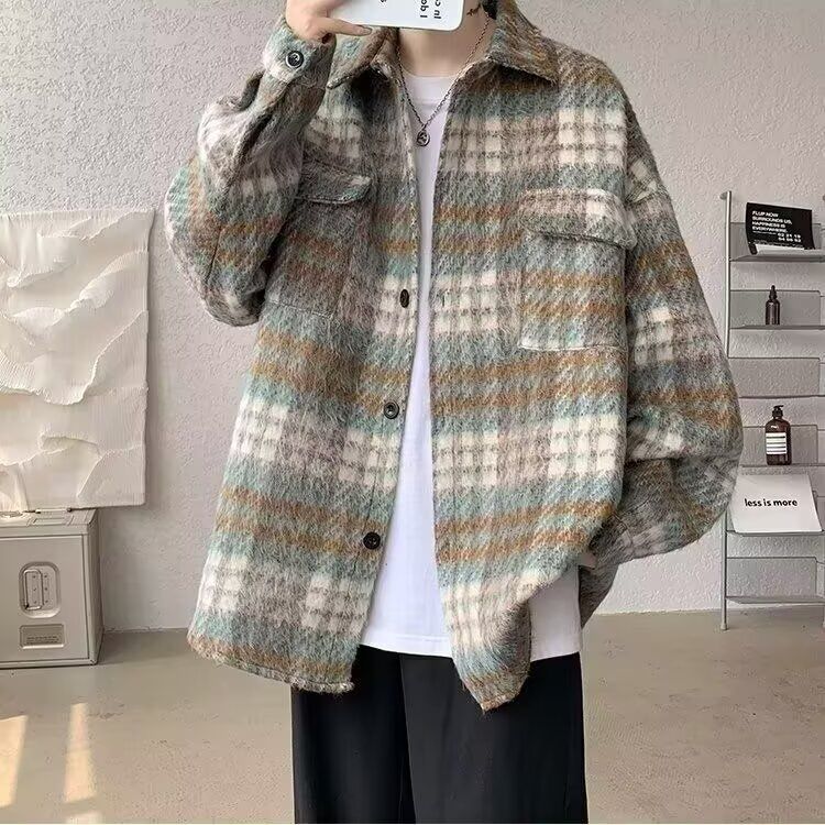 男款慵懒风韩版潮流百搭宽松格子毛呢夹克上衣春秋季盐系外套