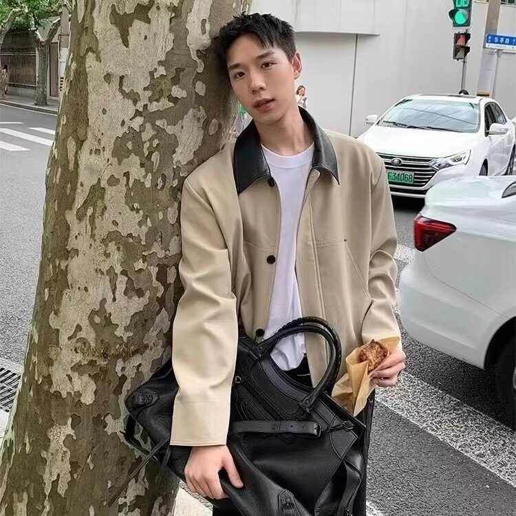 外套男款春秋季高级感拼接短款夹克潮牌宽松痞帅翻领正肩休闲上衣
