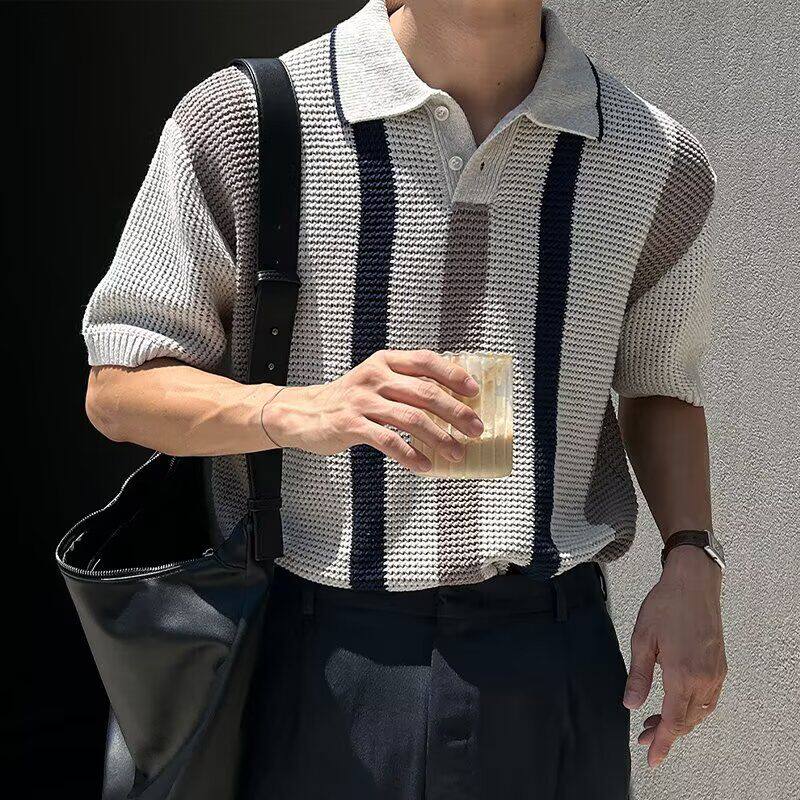 欧美镂空针织polo衫男撞色条纹短袖卫衣丝光棉冰丝网眼透视保罗衫