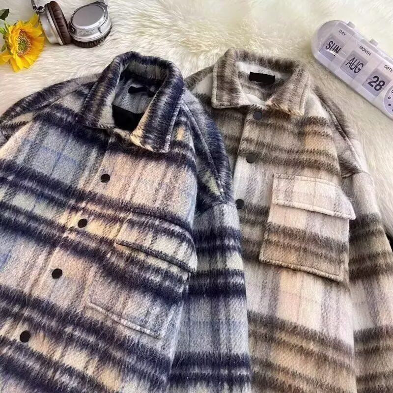 男款慵懒风韩版潮流百搭宽松格子毛呢夹克上衣春秋季盐系外套