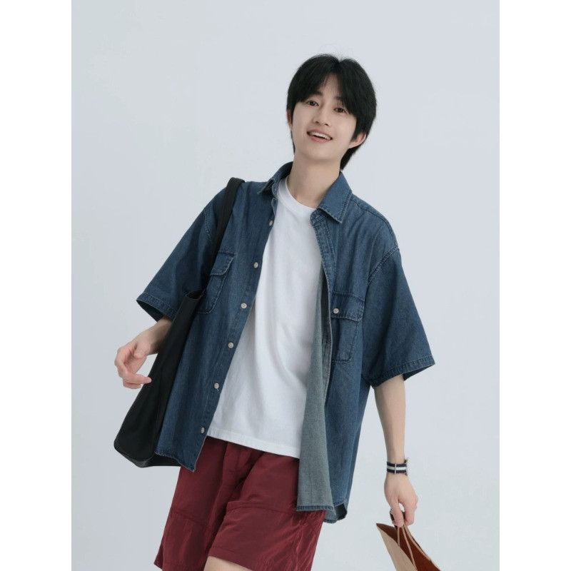 2026夏季新款潮流休闲帅青少年薄款蓝色牛仔短袖衬衫男