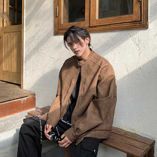 美式复古棕色麂皮绒皮衣外套男秋季修身短款设计感小众夹克潮