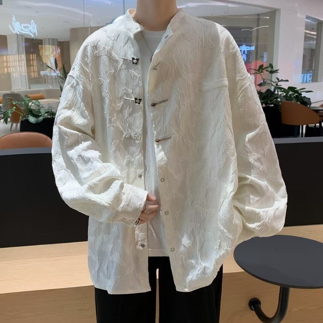 暗黑青年暗纹春秋提花港风男宽松蝴蝶纹立领新中式衬衫潮流户外潮