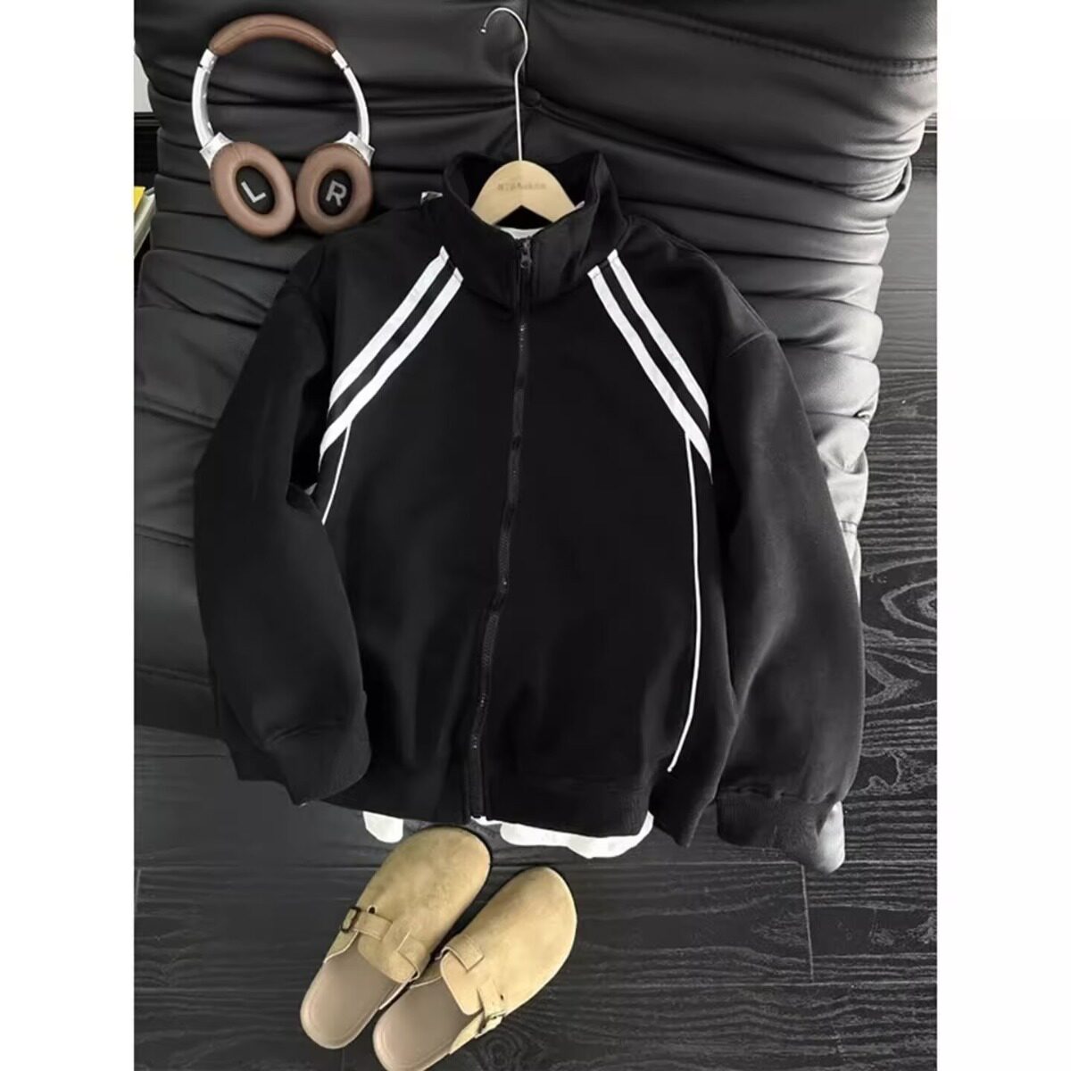 美式复古运动立领拉链开衫卫衣男女春秋季情侣宽松条纹拼接外套潮