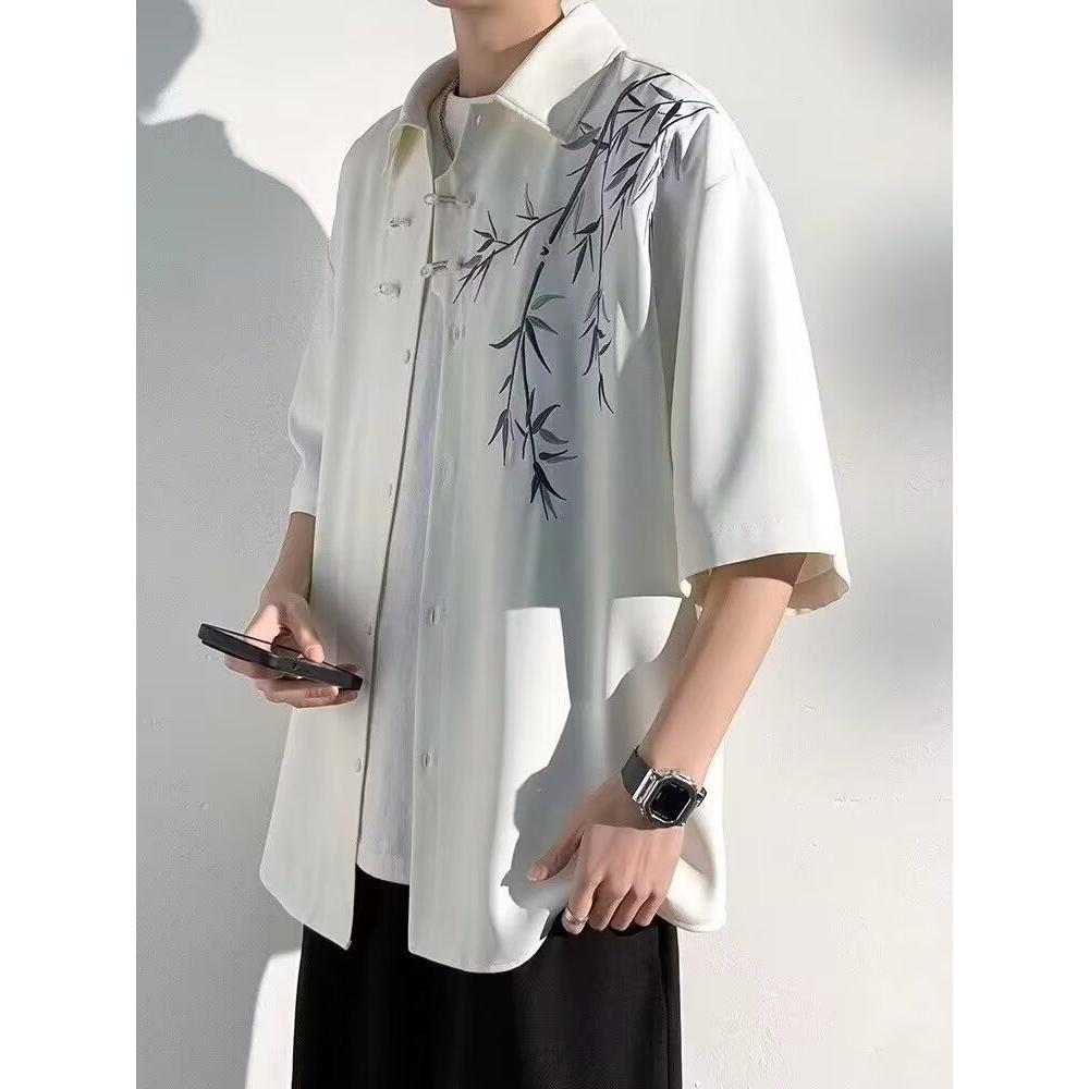 新中式五分袖衬衫男士夏季新款国潮印花半袖男装中国风大码衬衣男