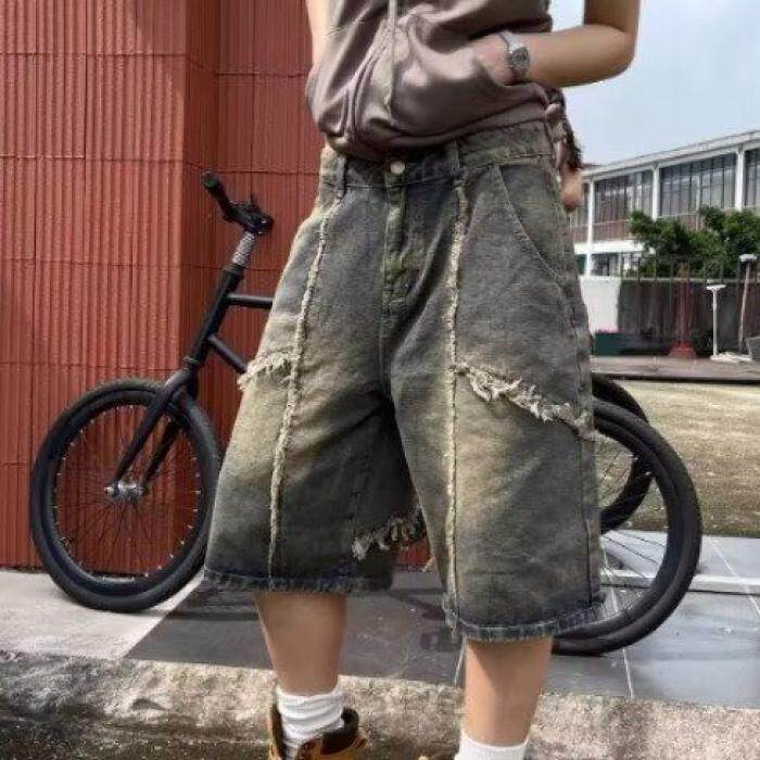 美式复古破坏风拼接流苏牛仔短裤男夏季高街vibe设计感痞帅五分裤