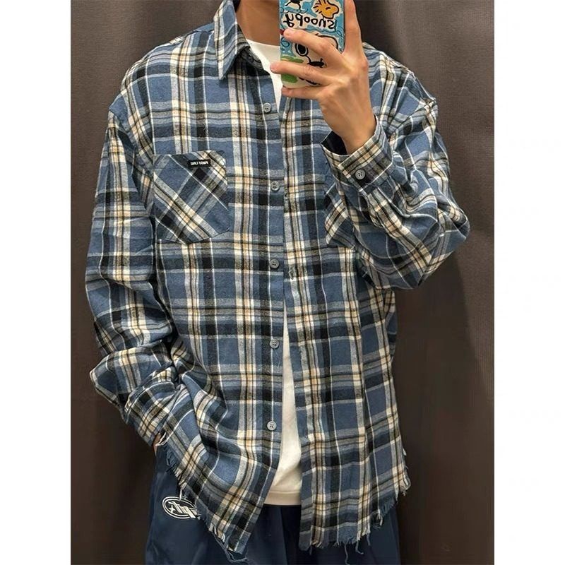 美式蓝色长袖格子衬衫男款宽松休闲慵懒感衬衣外套