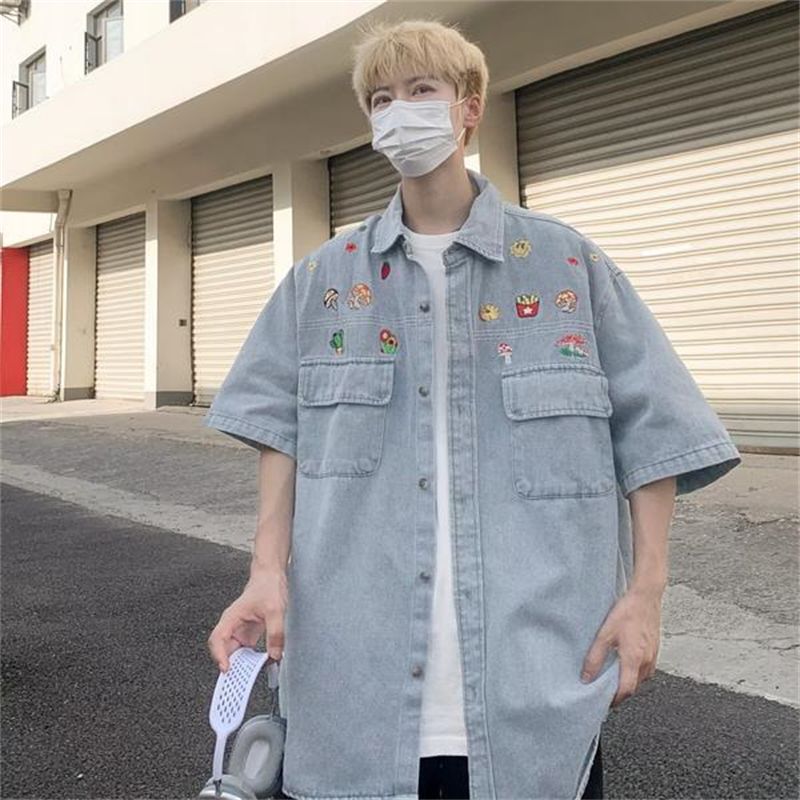水洗做旧牛仔短袖刺绣夏季日系复古慵懒风情侣衬衫男女短袖外套潮