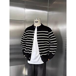高级感经典条纹开衫毛衣男秋冬韩版宽松学院慵懒风休闲针织衫外套