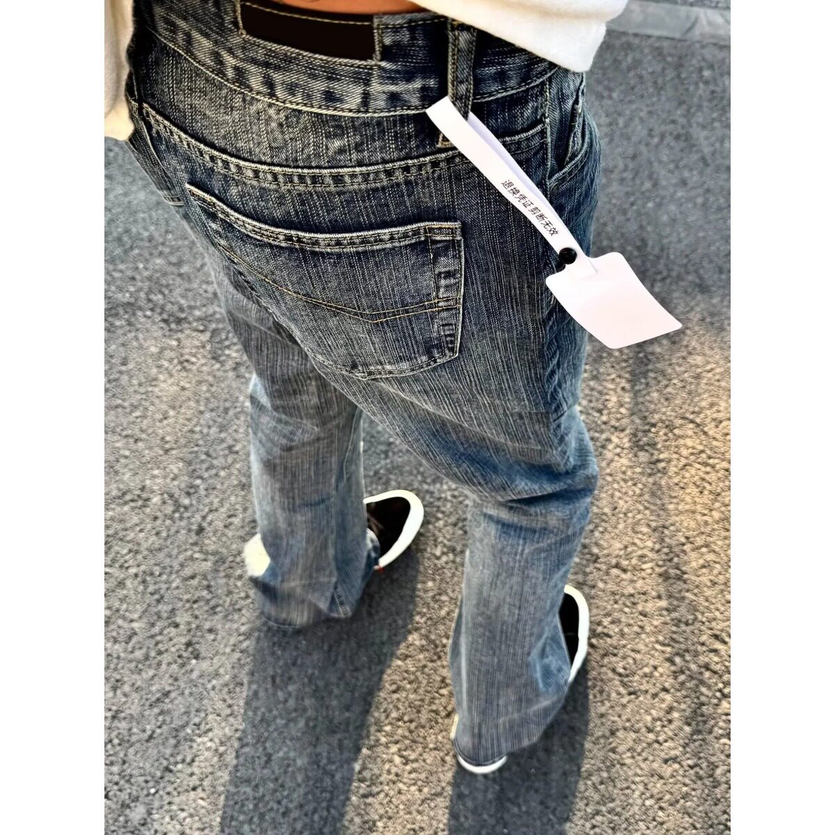 水洗复古蓝竹节纹牛仔裤男直筒修身美式vibe风裤子高街窄版微喇裤