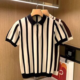条纹短袖polo衫男款港风大码翻领T恤青少年休闲百搭美式半袖
