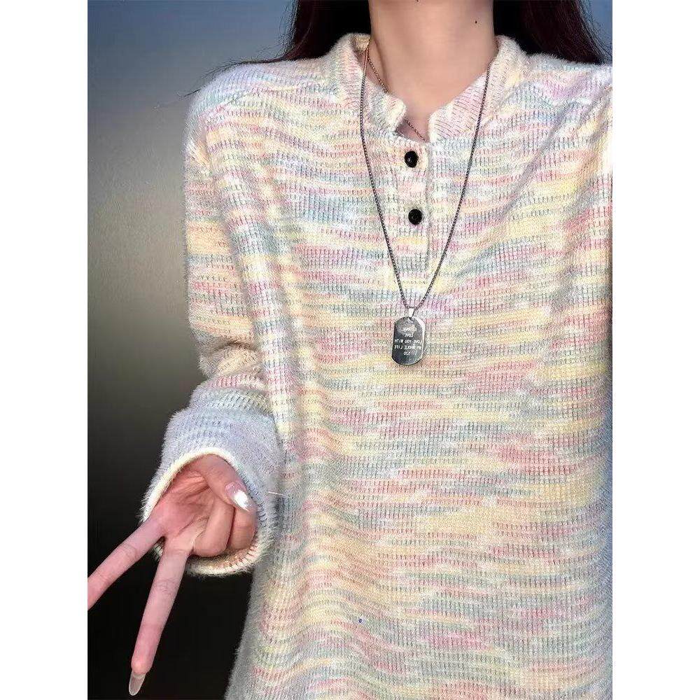 彩色亨利领针织卫衣男款秋季美式复古慵懒风毛衣vine情侣外套