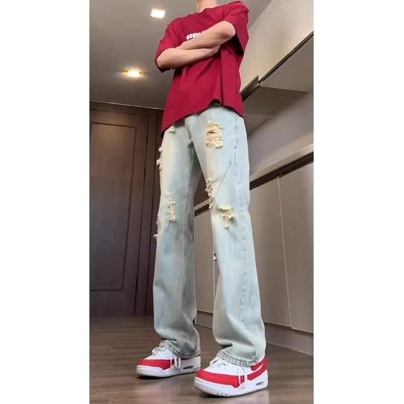 美式街头水洗做旧破洞牛仔裤男春秋直筒宽松欧美高街风长裤子
