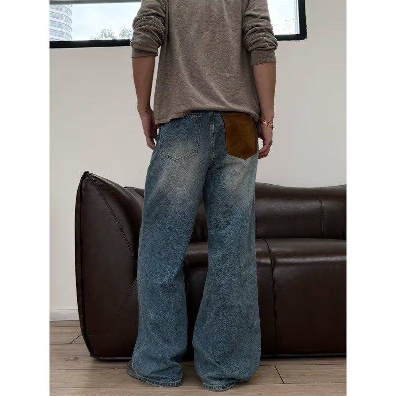 潮牌复古拼接水洗做旧蓝色直筒牛仔裤男款高级感宽松阔腿休闲长裤