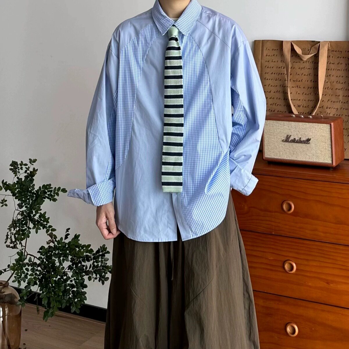 日系复古蓝色格纹不对称拼接长袖衬衫男女春秋宽松学院风休闲衬衣