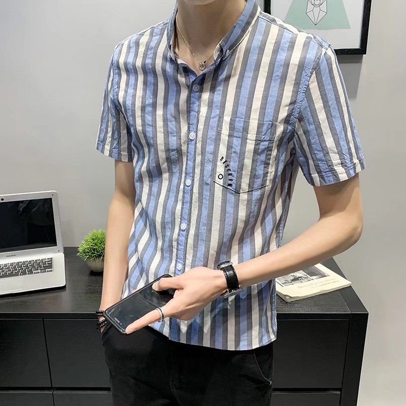 夏季短袖条纹衬衫男士
