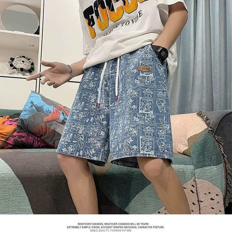 夏季街头趣味涂鸦满印牛仔短裤