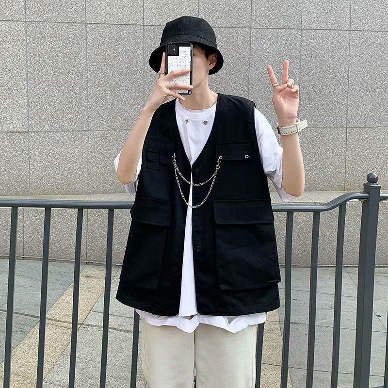 定制链条装饰工装风多口袋马甲男外穿宽松黑色背心设计感工作服潮