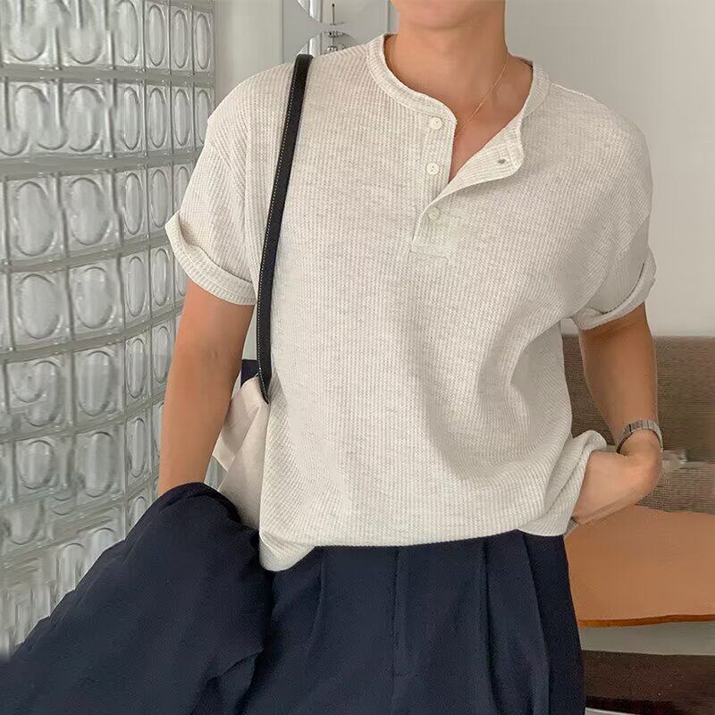 夏季新款潮牌设计感V领纯色宽松休闲上衣个性百搭垂感华夫格t恤男