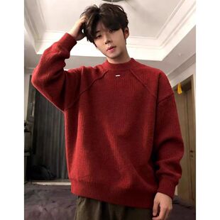 红色本命年毛衣男士2026新年加厚圆领冬季高级感马年慵懒风针织衫