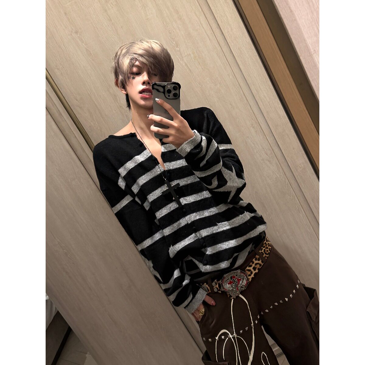 美式街头y2k亚文化黑白条纹针织衫男女星星开衫慵懒风大领口毛衣