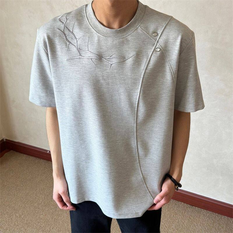 夏季刺绣灰色短袖t恤男女cleanfit美式高街重磅情侣修身正肩上衣