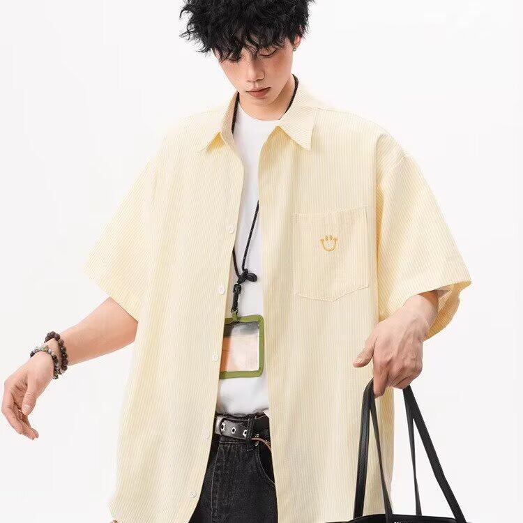 日系笑脸刺绣短袖衬衫男女款夏日宽松古巴领条纹半袖衬衣休闲外套