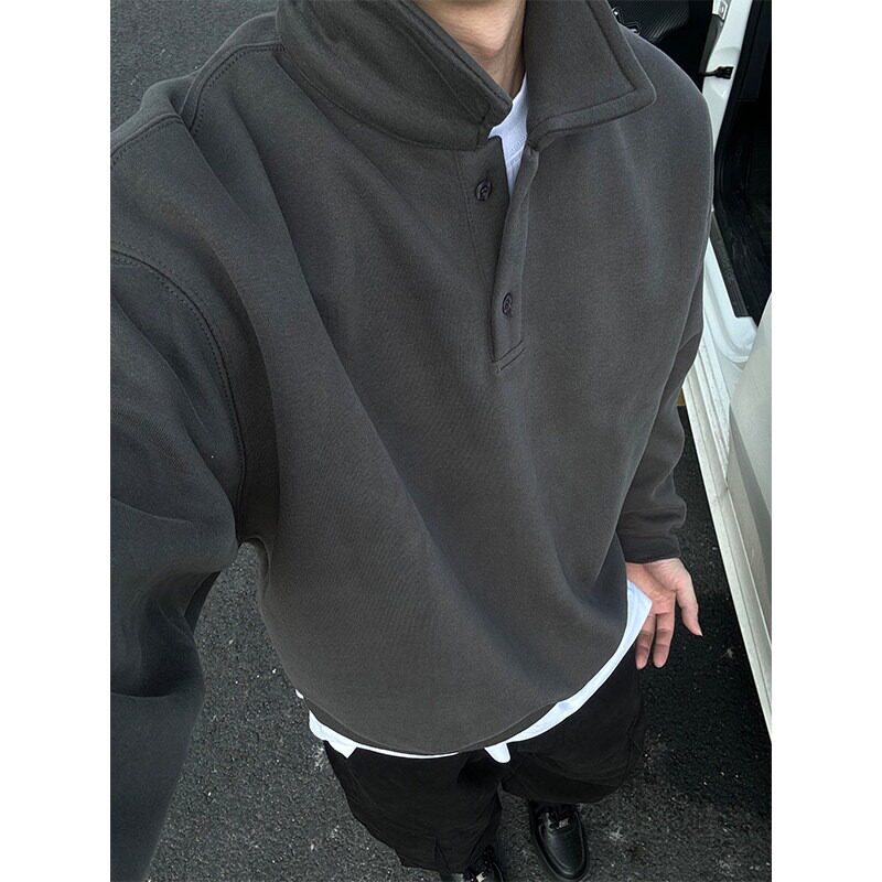 深灰色polo领卫衣男春秋款高级感内搭长袖打底衫美式复古翻领上衣
