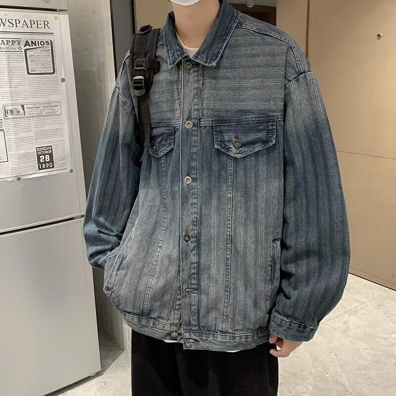 重工水洗蓝色牛仔外套男款春秋季美式复古小众宽松结构感短款夹克图片