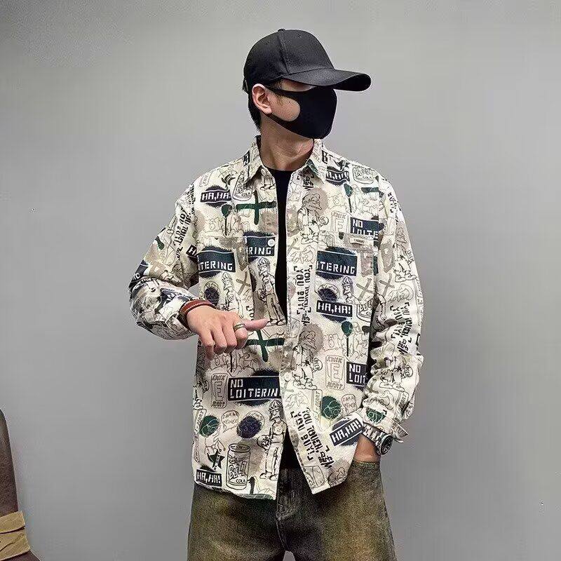 新款潮流印花长袖衬衫男士外套涂鸦休闲衬衣百搭文艺宽松港风上衣