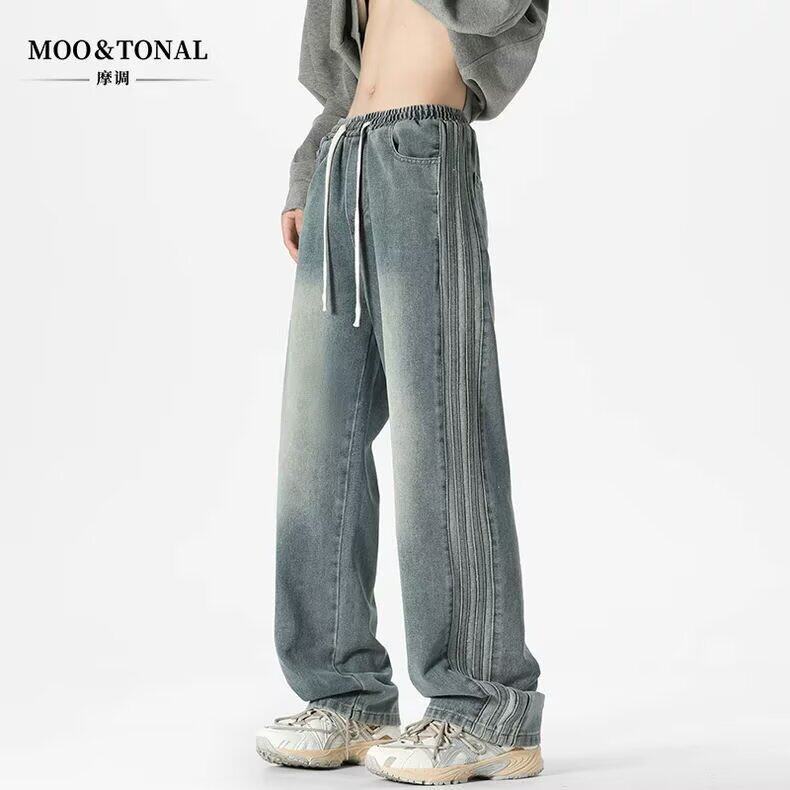夏秋季直筒垂感薄款条纹牛仔裤子男生潮牌宽松阔腿系绳休闲长裤