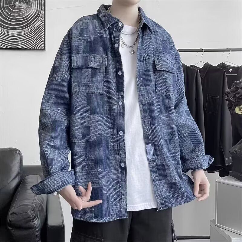 春秋新款民族风休闲牛仔夹克男潮流痞帅时尚宽松百搭燕尾衬衫外套