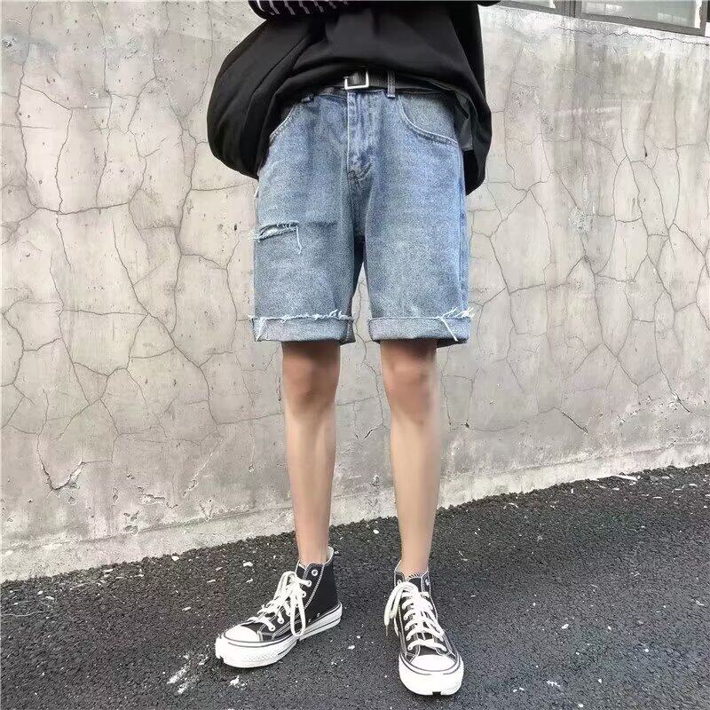 2026夏季复古破洞牛仔短裤男潮牌青少年宽松直筒休闲阔腿裤子