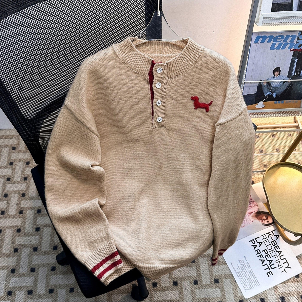 美式复古亨利领针织衫男女秋冬卡其色套头毛衣宽松慵懒风软糯上衣