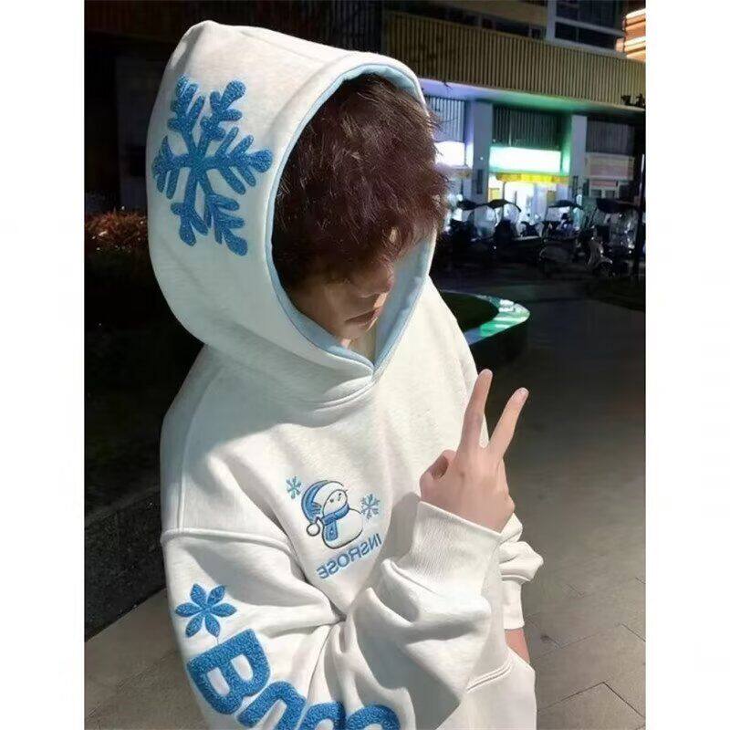 白灰色高街毛巾刺绣连帽卫衣男春季潮牌宽松潮流情侣帽衫外套