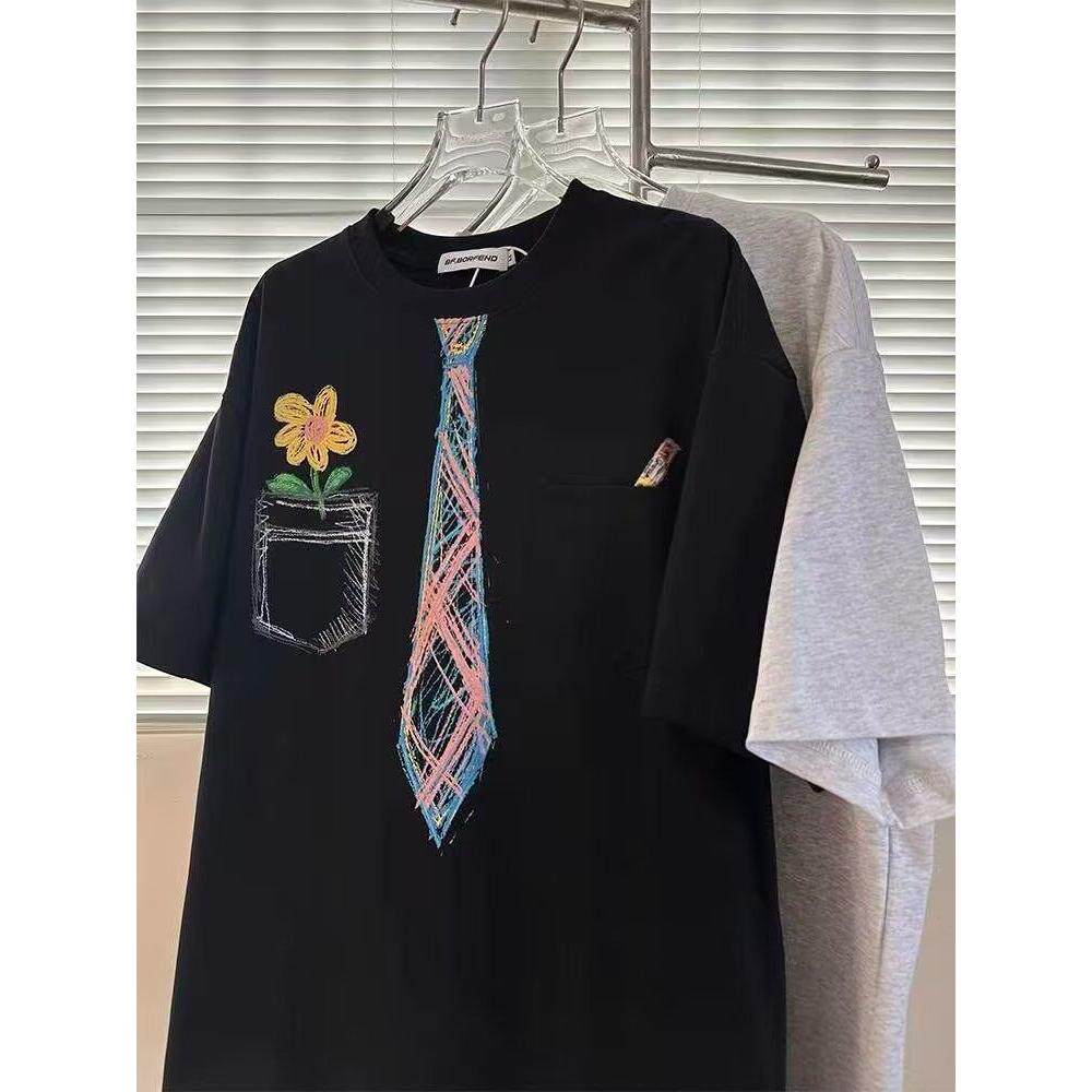 彩绘涂鸦领带短袖t恤男女夏新款宽松韩版慵懒风半袖上衣